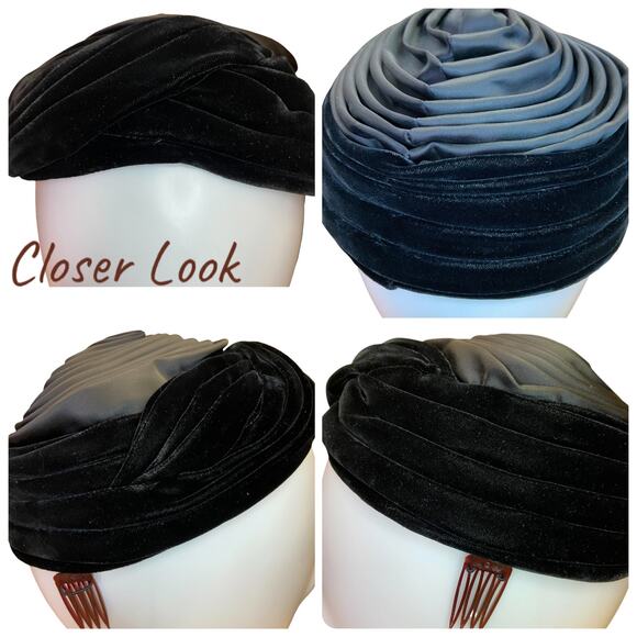 1950s Vintage Black Velvet Satin Cocktail Hat Christine Original Tilt Hat main image 5